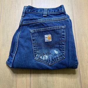 Carhartt FR Jeans Mens 34x30 Blue Denim Utility Work Pants Relax Distress Y2K
